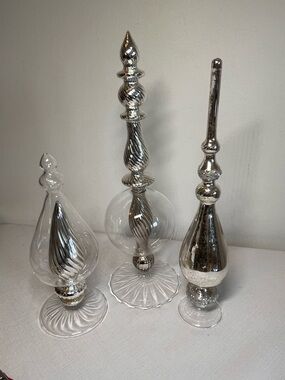 Set of 3 Decorative Mercury Glass Finials - Silver & Clear